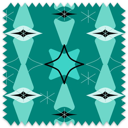This design layers rich teals and soft greens into a rhythmic, symmetrical composition inspired by Mid Century Modern shapes. Abstract floral and star-like forms interact with slender gold lines, creating a textured harmony that balances organic curves with geometric precision. The repeating pattern is thoughtfully crafted to bring vibrant yet refined energy to fabric and wallpaper, perfect for adding a touch of timeless elegance to any space.